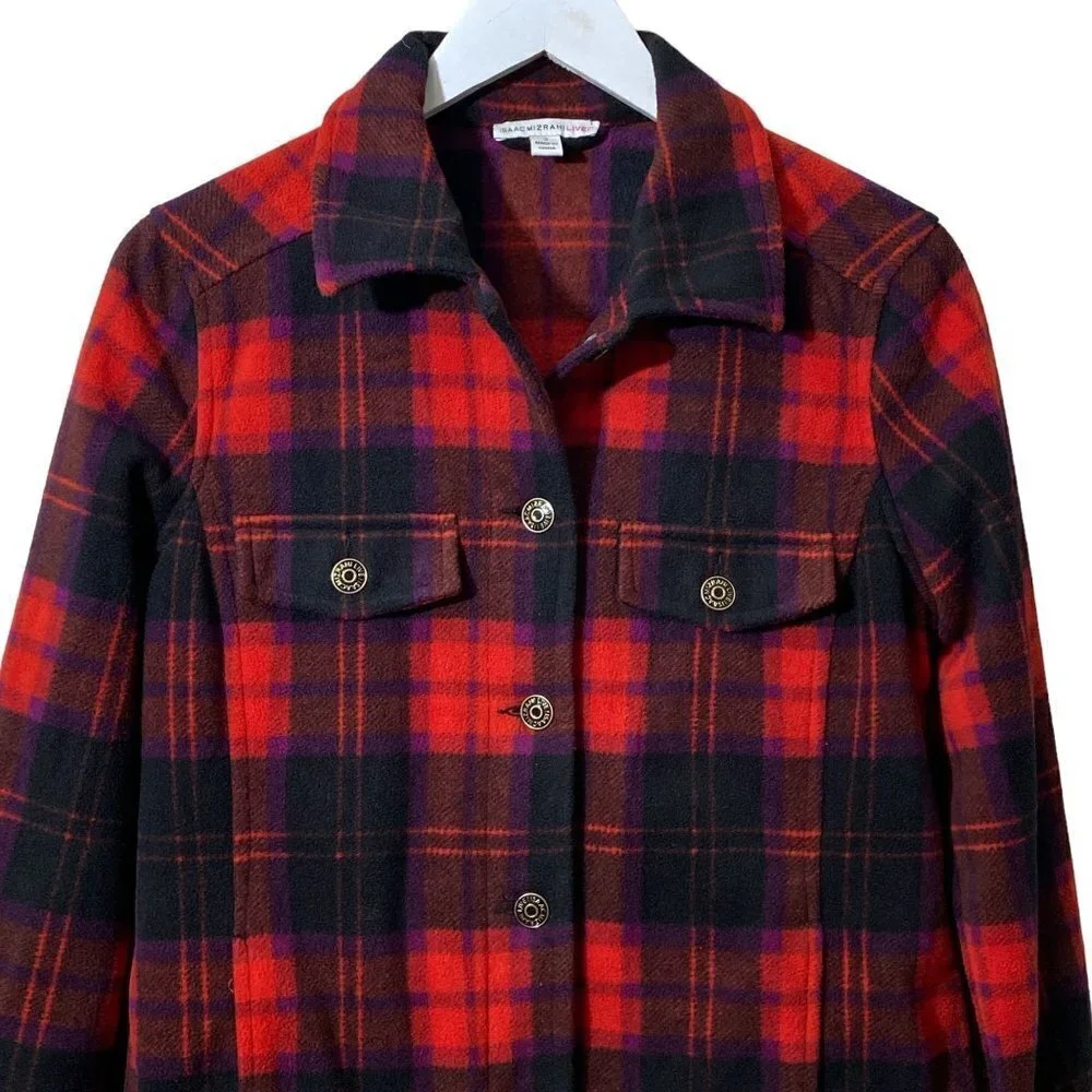 Isaac Mizrahi Live Fleece Trucker Jacket Size Small Red Plaid
